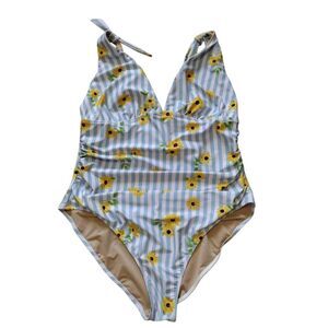 Old Navy Swimsuit‎ Women 2X Blue Yellow Striped Floral Ruched  One-Piece